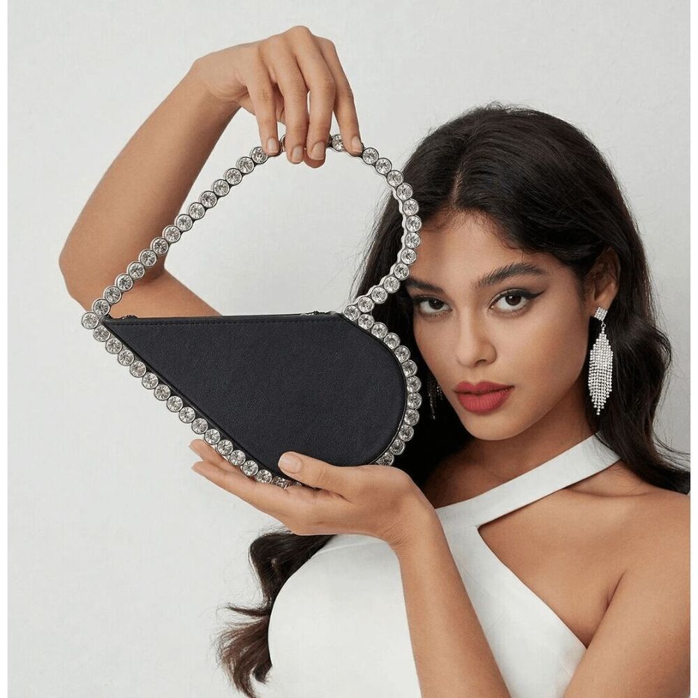 ❤️💎 Jeweled Handle Sparkling Rhinestone Heart Shaped Black Clutch Purse Bag NEW